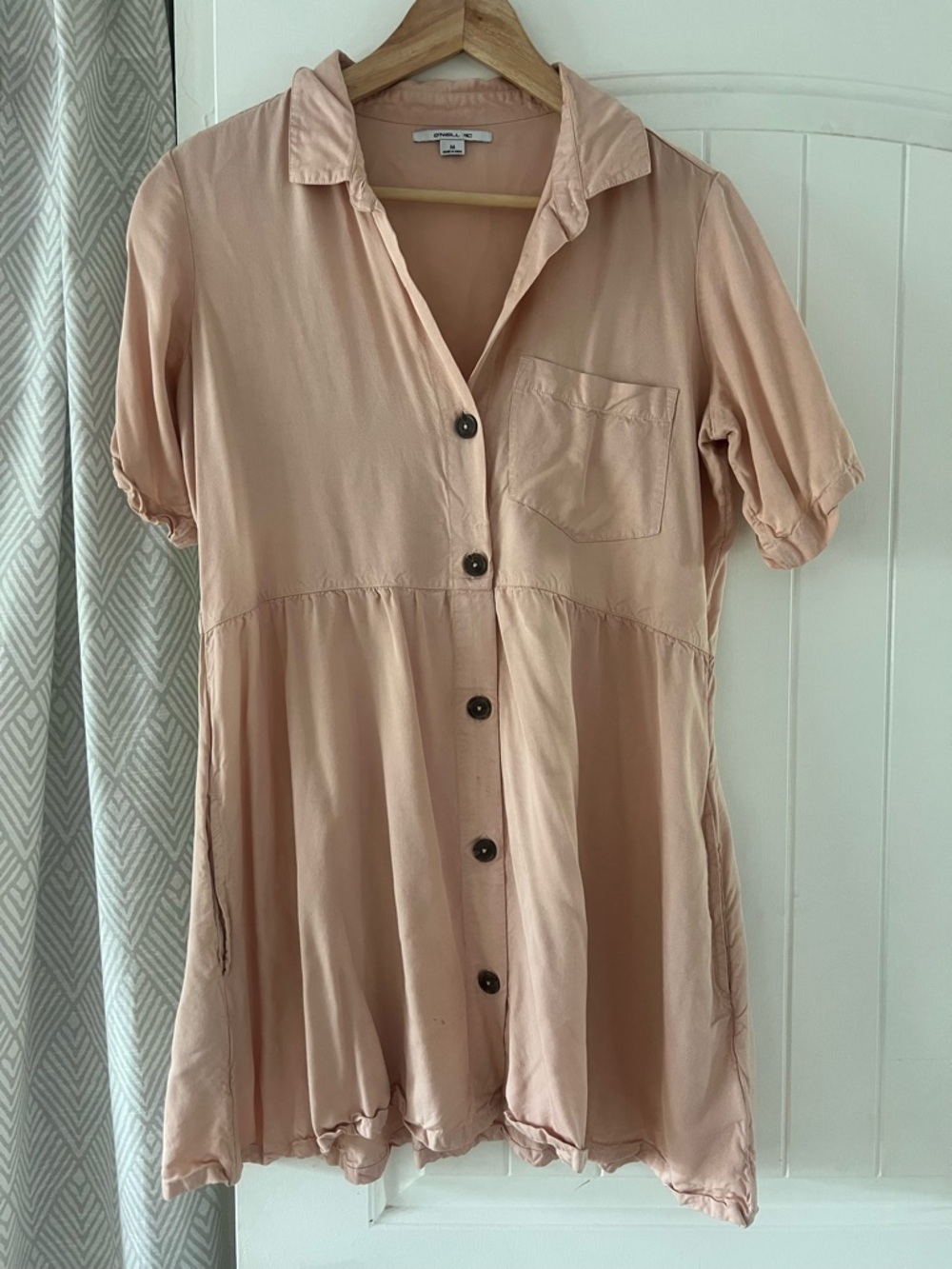 O’Neill Peach Button Front Babydoll Dress Tunic Short Sleeve Flowy Size Medium